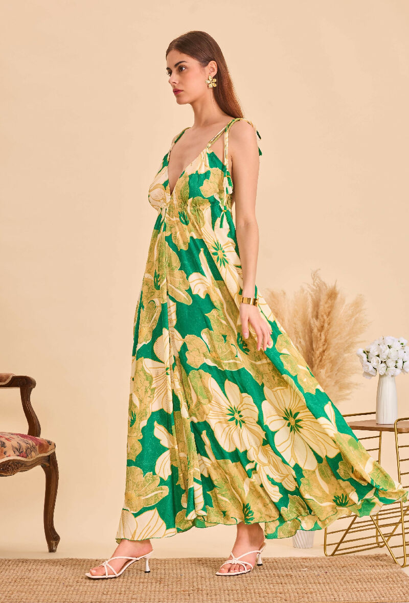 Long bohemian silk backless dress - Green