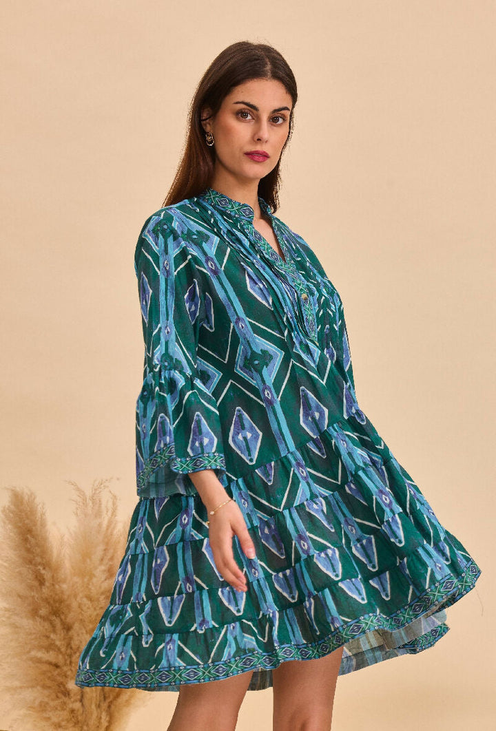 Short A-line dress in printed cotton- Green