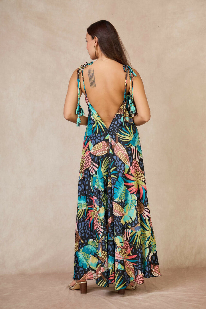 Long bohemian silk backless dress - Bleu