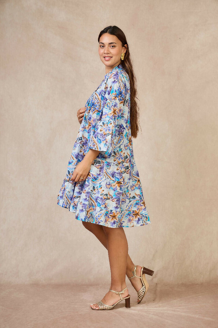 Short A-line dress in printed cotton- Purpel