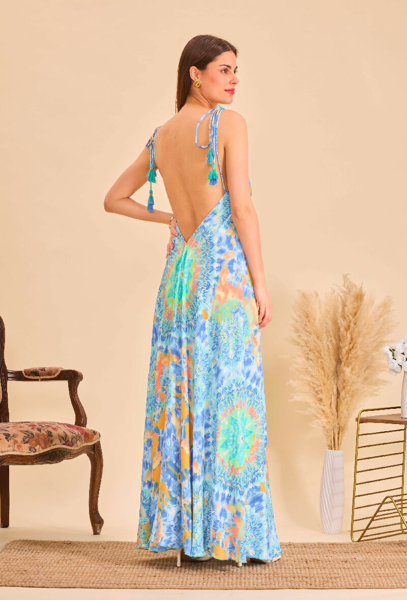 Long bohemian silk backless dress - Sky bleu