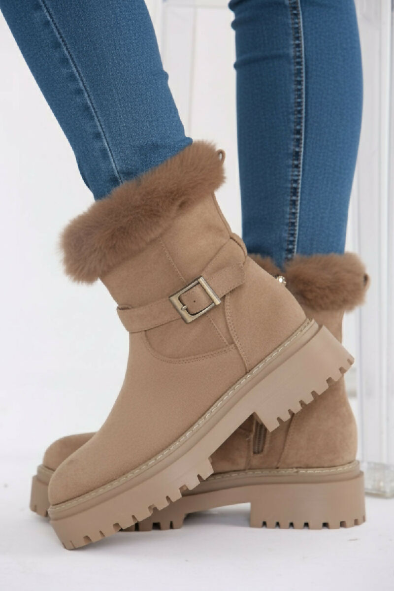 Camel Faux Fur Collar Buckle Ankle Boot (PACK OF 12 PAIRS UK3-UK8) - jqwholesale.com