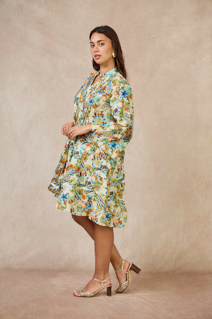 Short A-line dress in printed cotton- Green