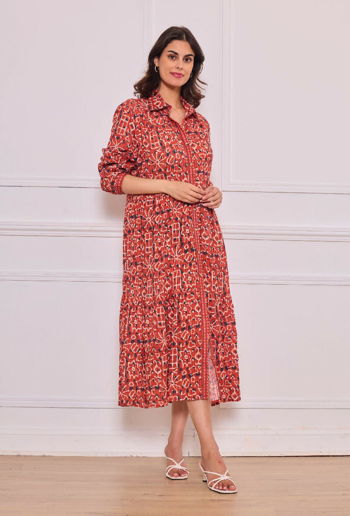 Mid-length cotton shirt dress - Red