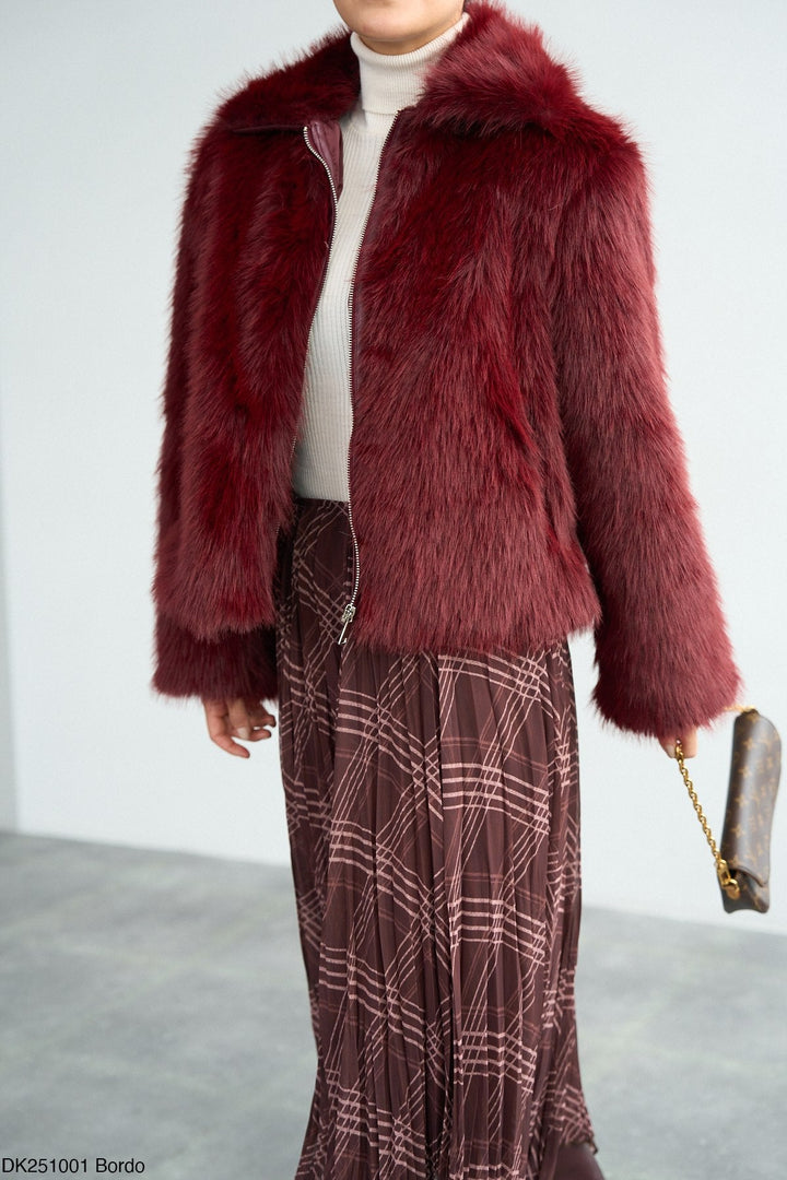Short Faux Fur Zip Jacket – Burgundy