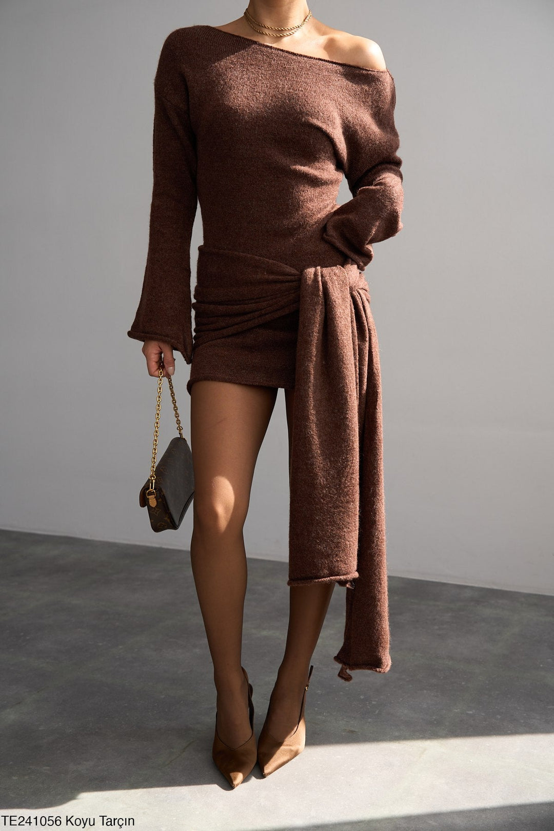 Asymmetric Tie-Waist Knit Mini Dress – Chocolate - jqwholesale.com