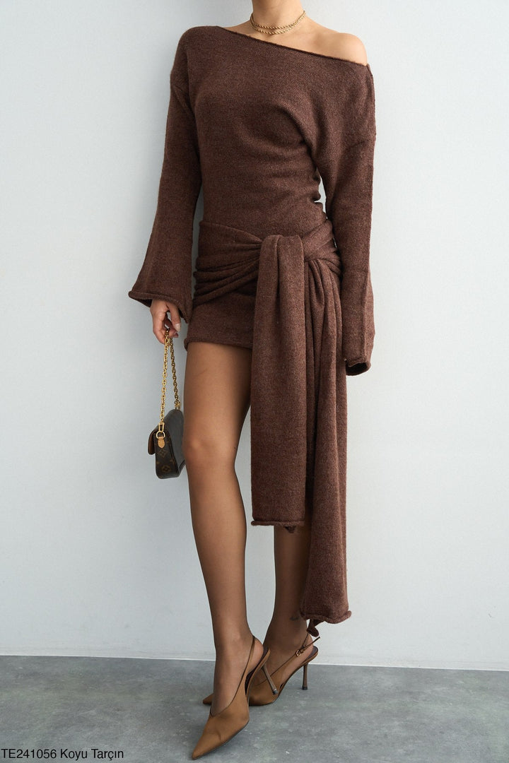 Asymmetric Tie-Waist Knit Mini Dress – Chocolate - jqwholesale.com