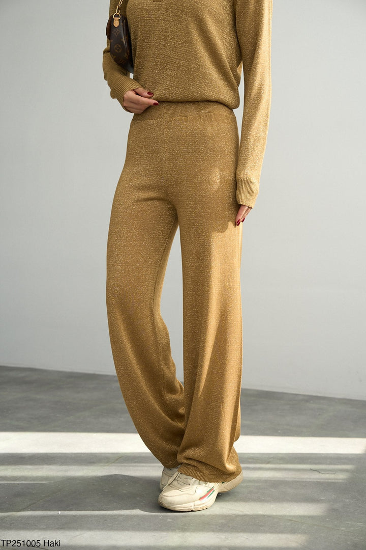 Soft Glitter Wide-Leg Trousers – Gold