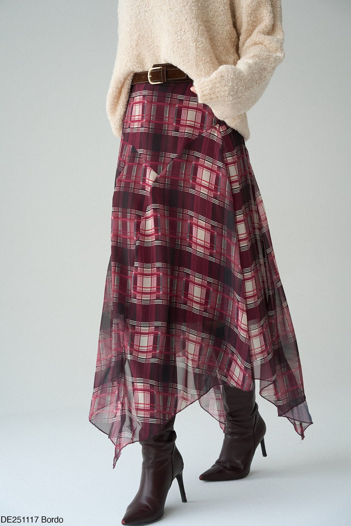 Asymmetric Check Chiffon Midi Skirt in Bordo - jqwholesale.com