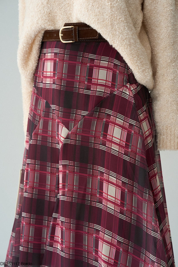 Asymmetric Check Chiffon Midi Skirt in Bordo