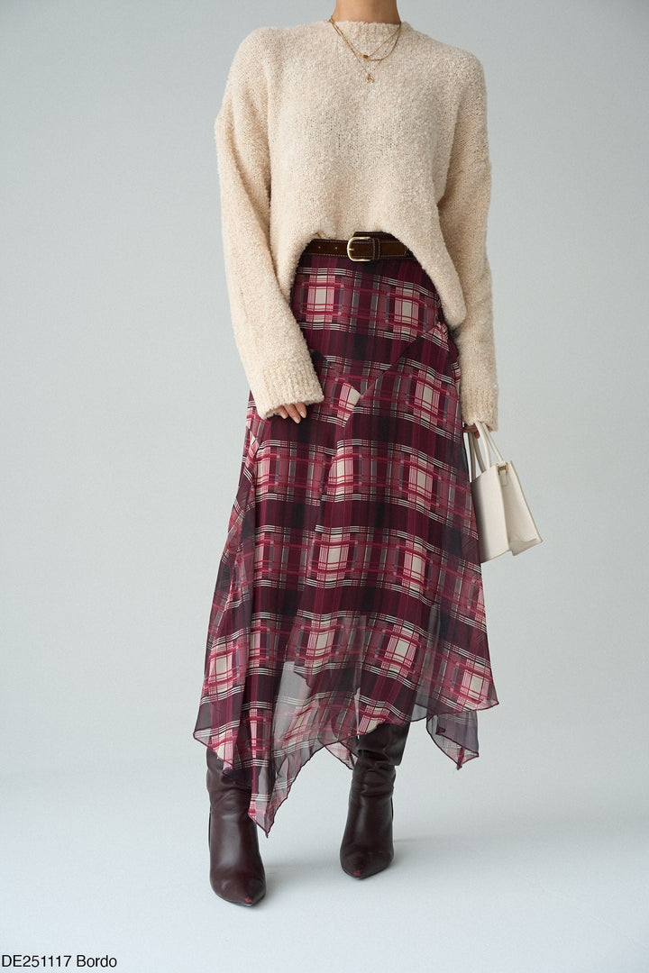 Asymmetric Check Chiffon Midi Skirt in Bordo - jqwholesale.com