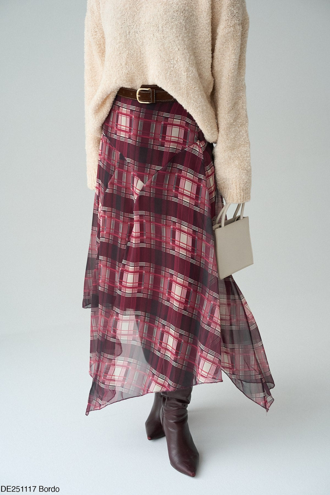 Asymmetric Check Chiffon Midi Skirt in Bordo - jqwholesale.com