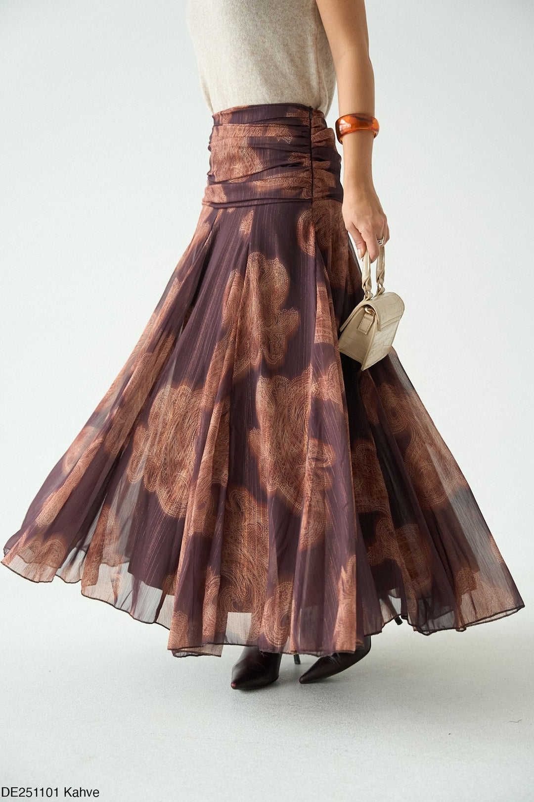 Printed Flared Maxi Skirt in Brown - jqwholesale.com