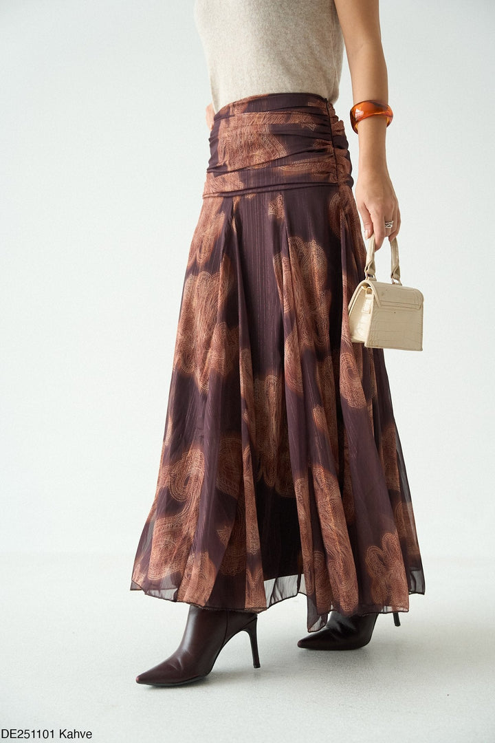 Printed Flared Maxi Skirt in Brown - jqwholesale.com