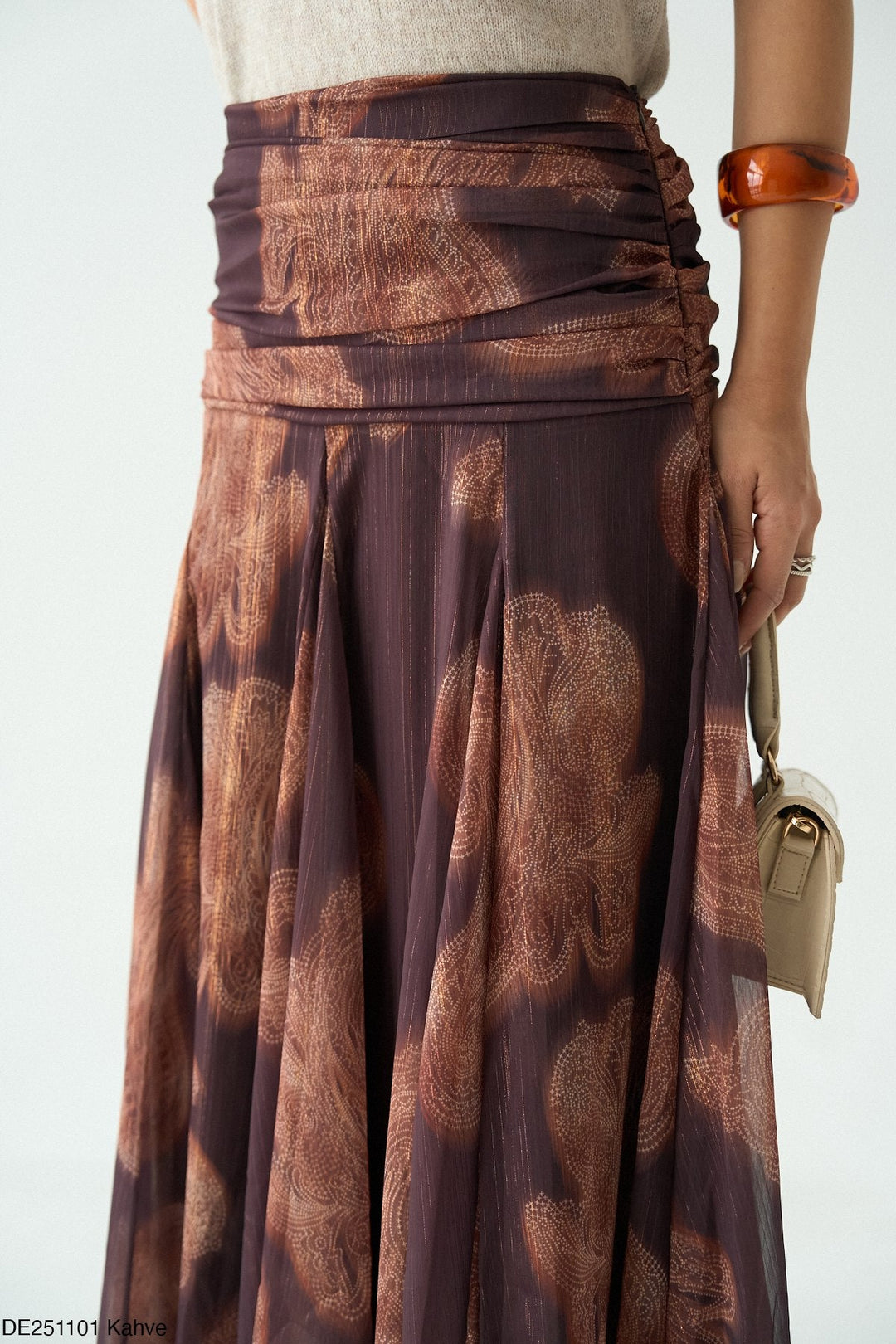 Printed Flared Maxi Skirt in Brown - jqwholesale.com