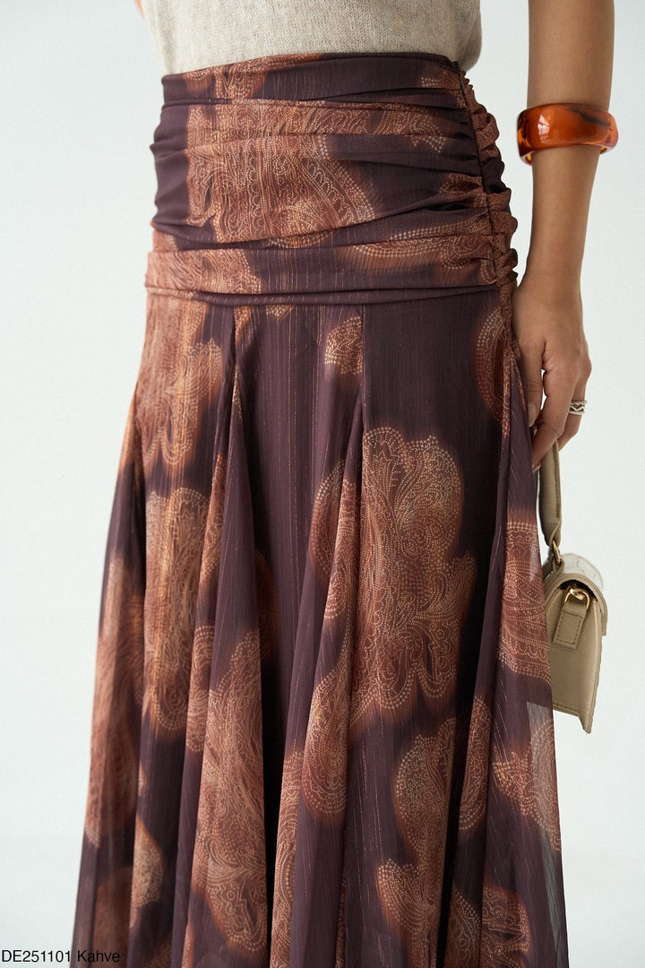 Printed Flared Maxi Skirt in Brown - jqwholesale.com
