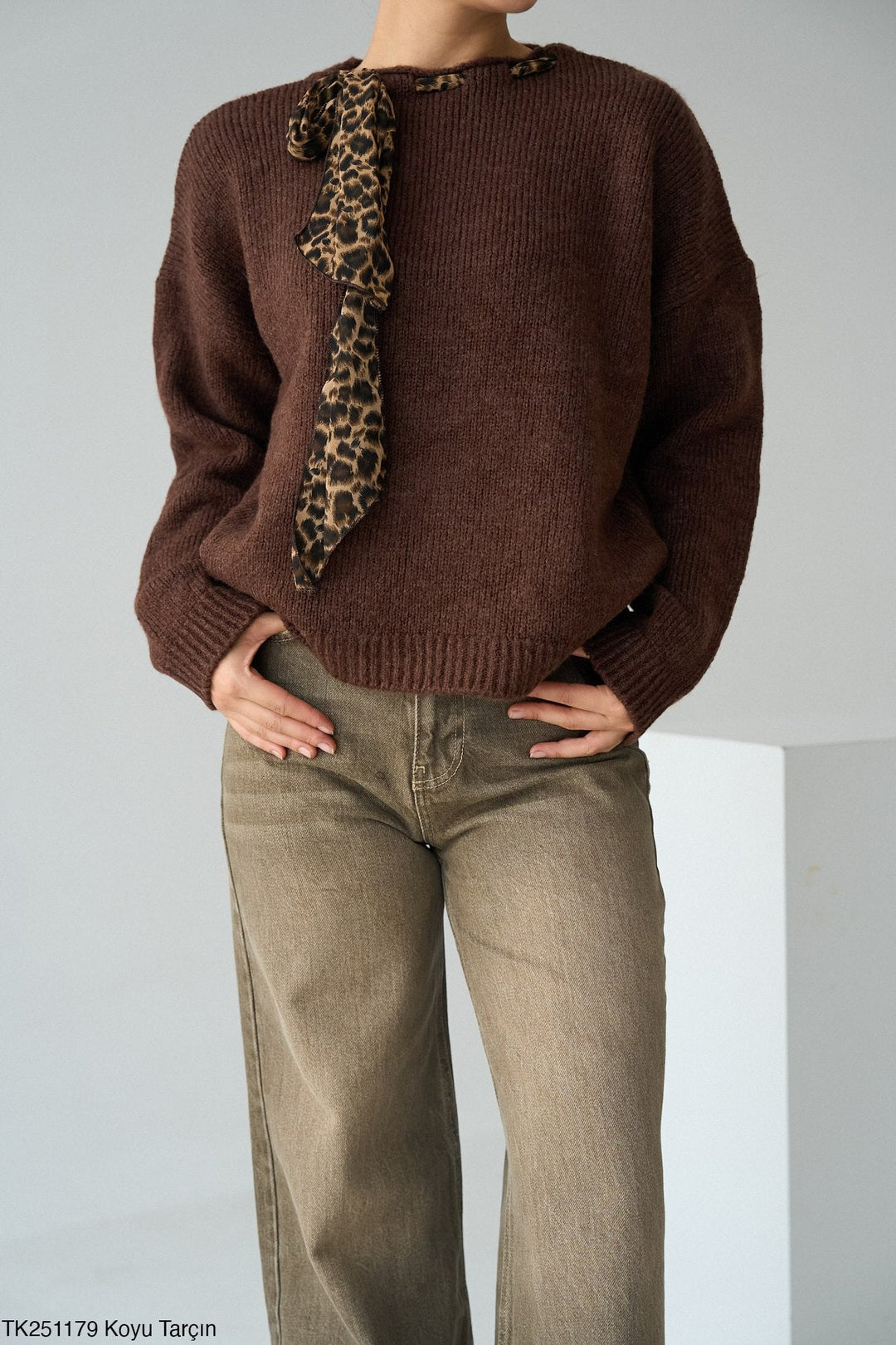 Leopard Tie Detail Soft Knit Jumper in Deep Brown - jqwholesale.com