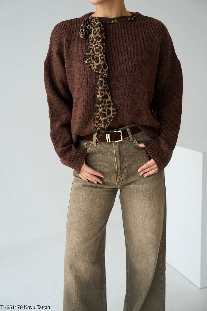 Leopard Tie Detail Soft Knit Jumper in Deep Brown