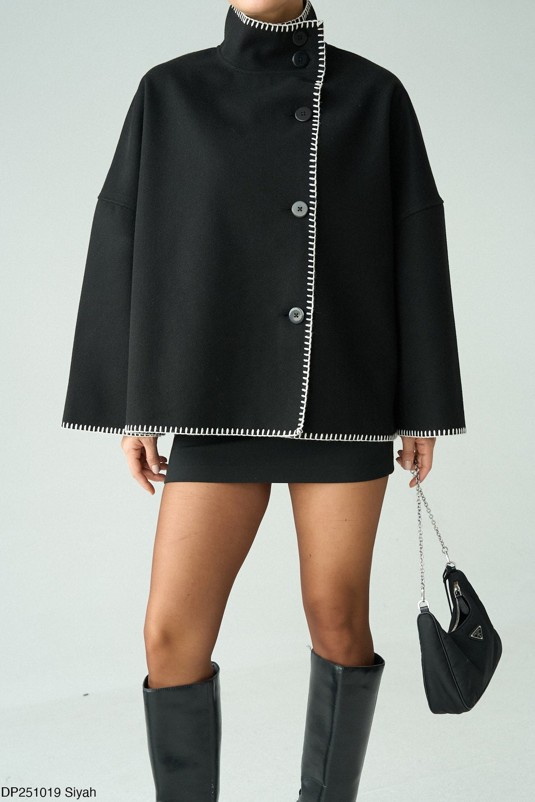 Contrast Stitch Cape Jacket in Black - jqwholesale.com