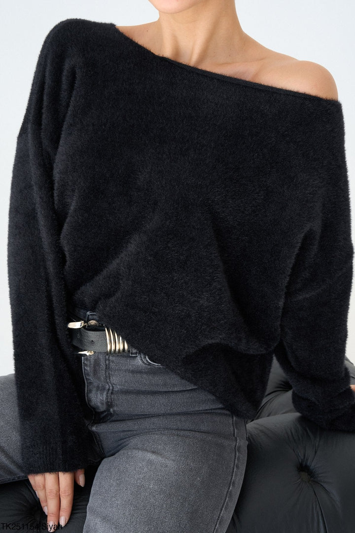 Off-Shoulder Fuzzy Jumper in Black - jqwholesale.com