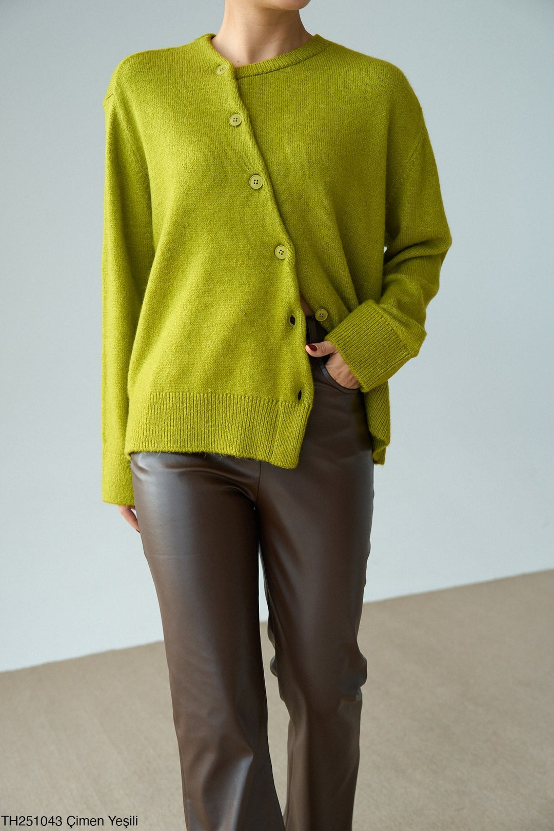 Asymmetric Button Knit Cardigan - Lime Green - jqwholesale.com