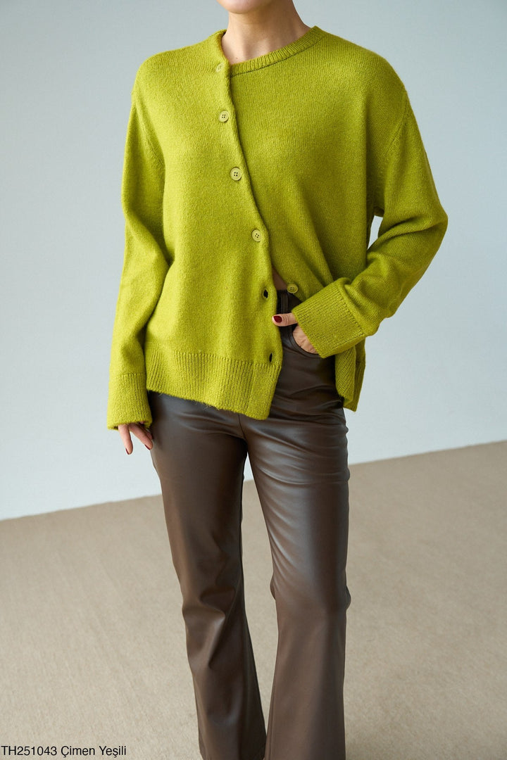 Asymmetric Button Knit Cardigan - Lime Green