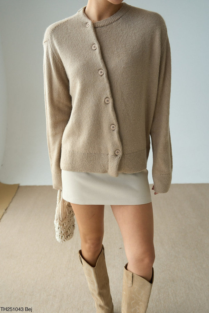 Asymmetric Button Knit Cardigan - Beige