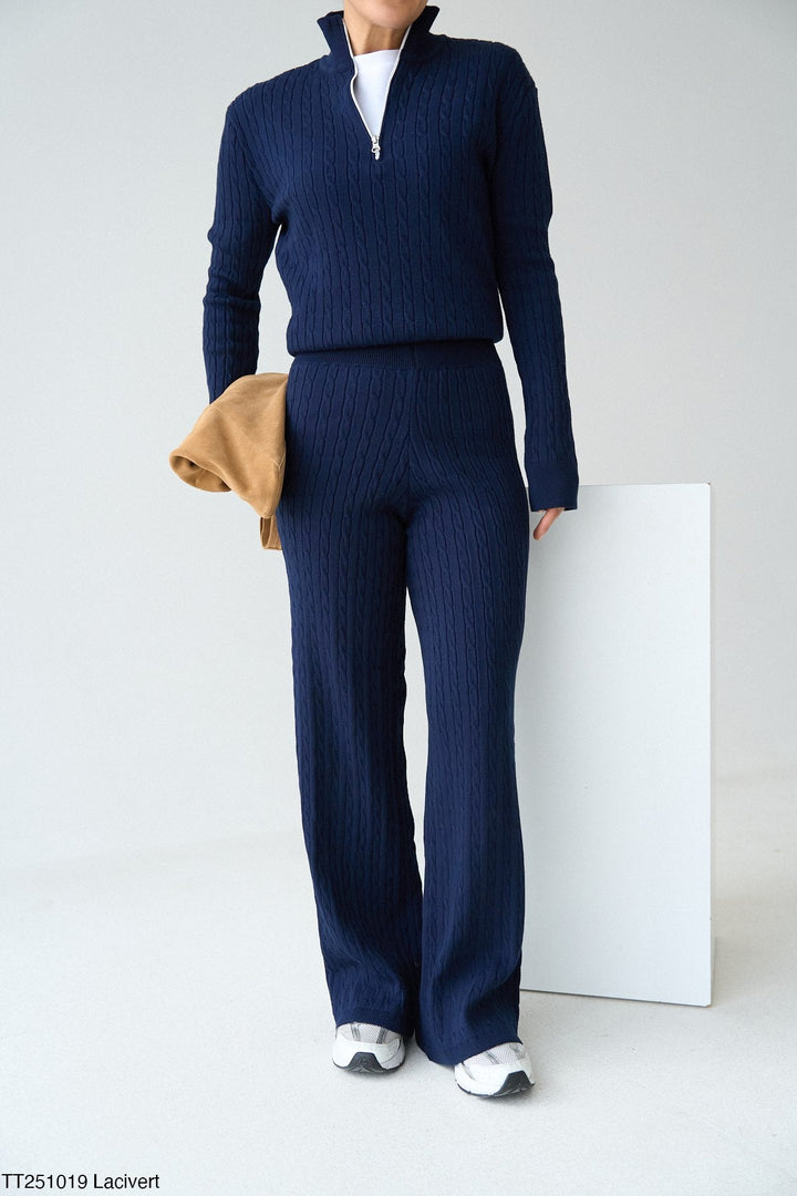 Cable Knit Zip Neck Two Piece Set in Navy
