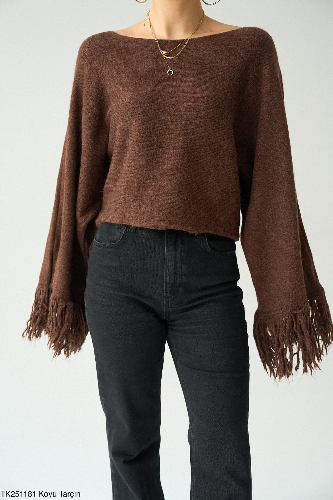 Fringe Sleeve Knit Jumper in Deep Brown