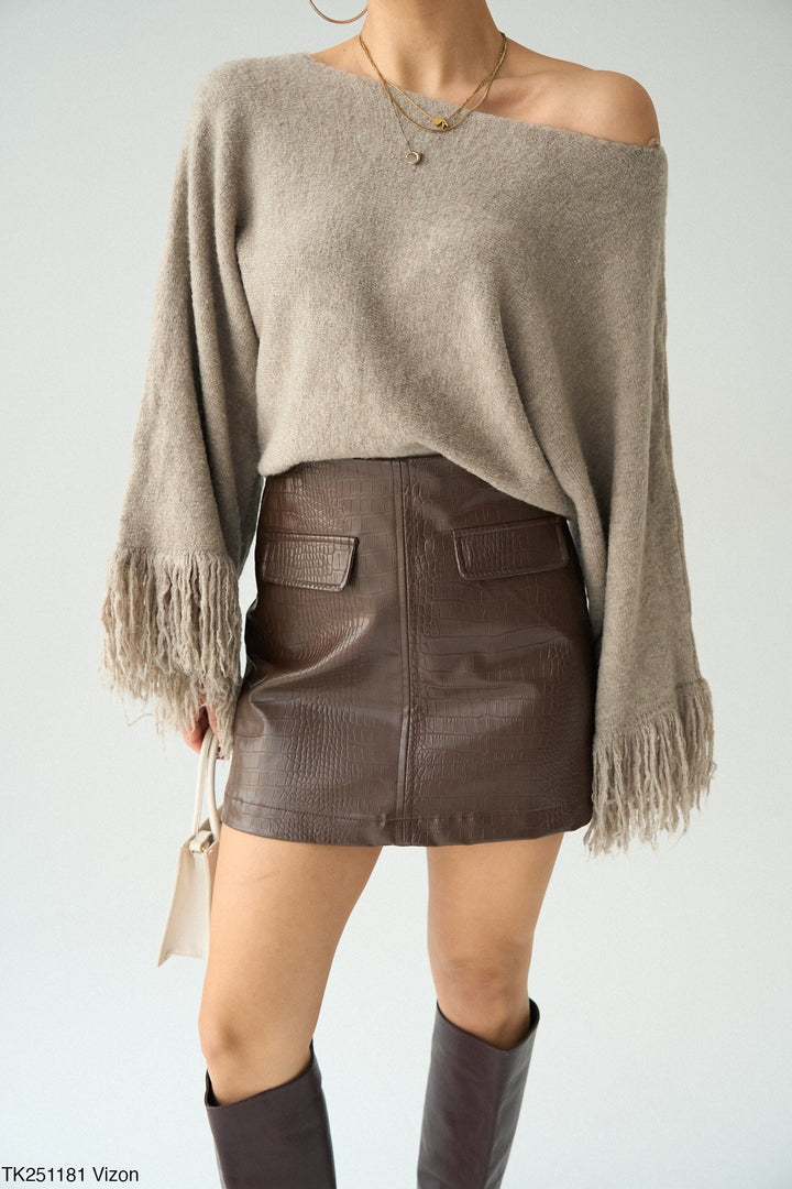 Fringe Sleeve Knit Jumper in Light Mink