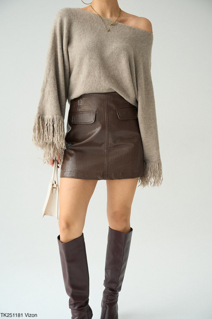Fringe Sleeve Knit Jumper in Light Mink