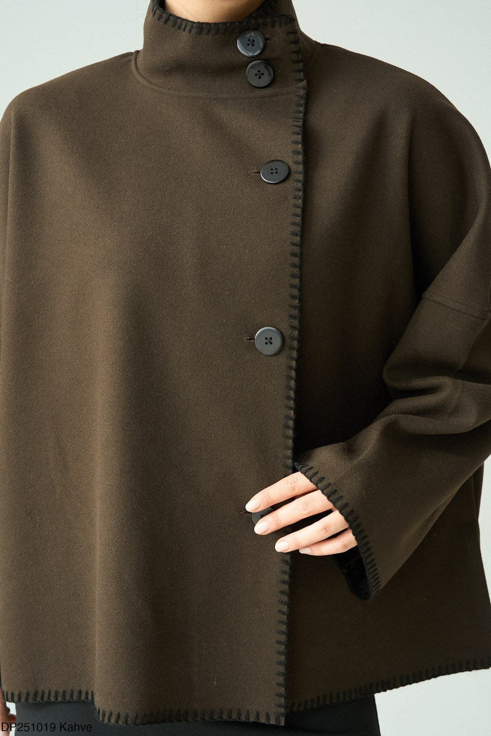 Contrast Stitch Cape Jacket in Brown - jqwholesale.com