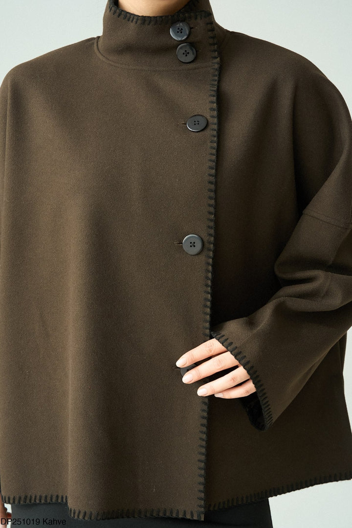 Contrast Stitch Cape Jacket in Brown - jqwholesale.com