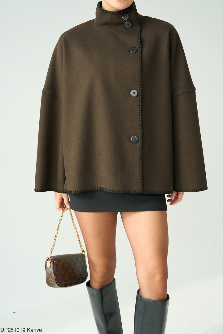 Contrast Stitch Cape Jacket in Brown