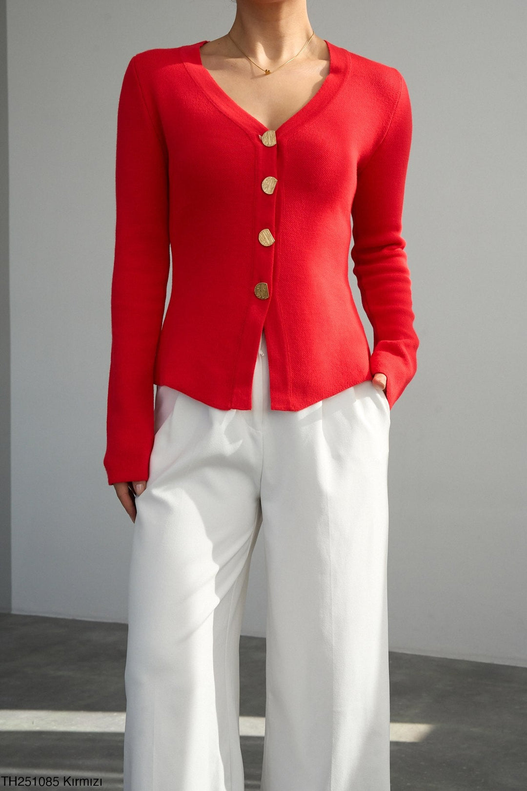 Gold Button Knit Cardigan - Red