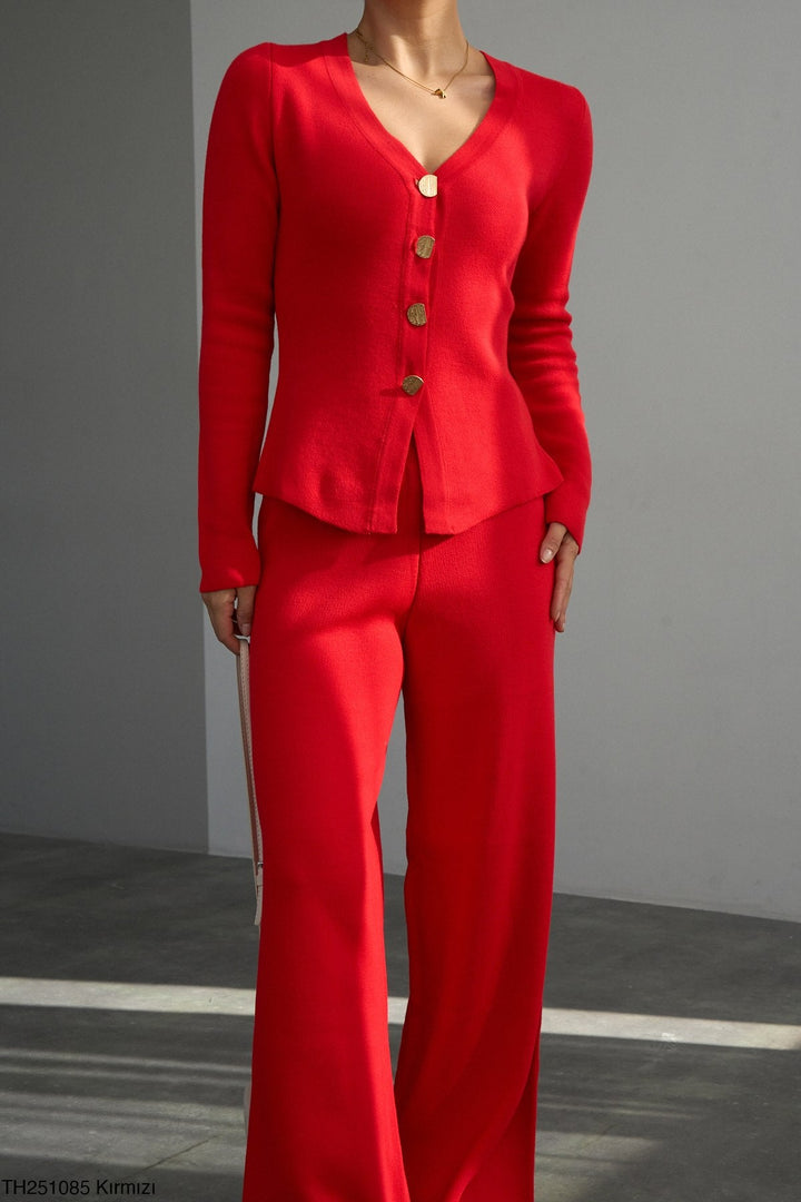 Gold Button Knit Cardigan - Red