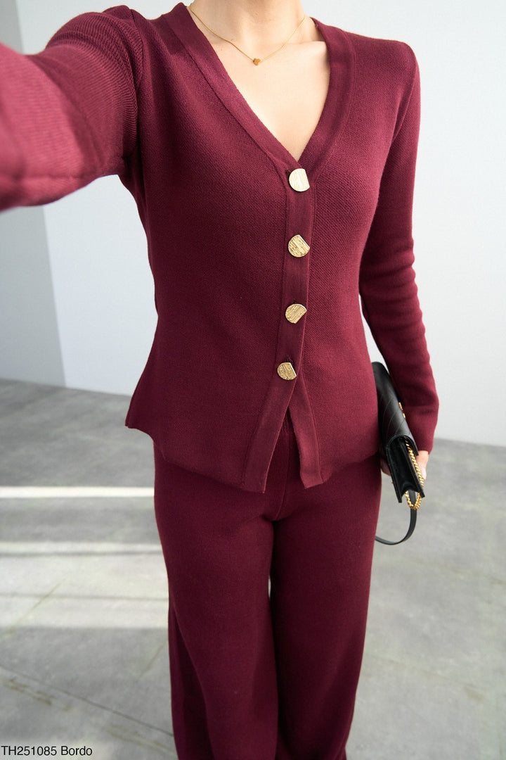 Gold Button Knit Cardigan - Burgundy