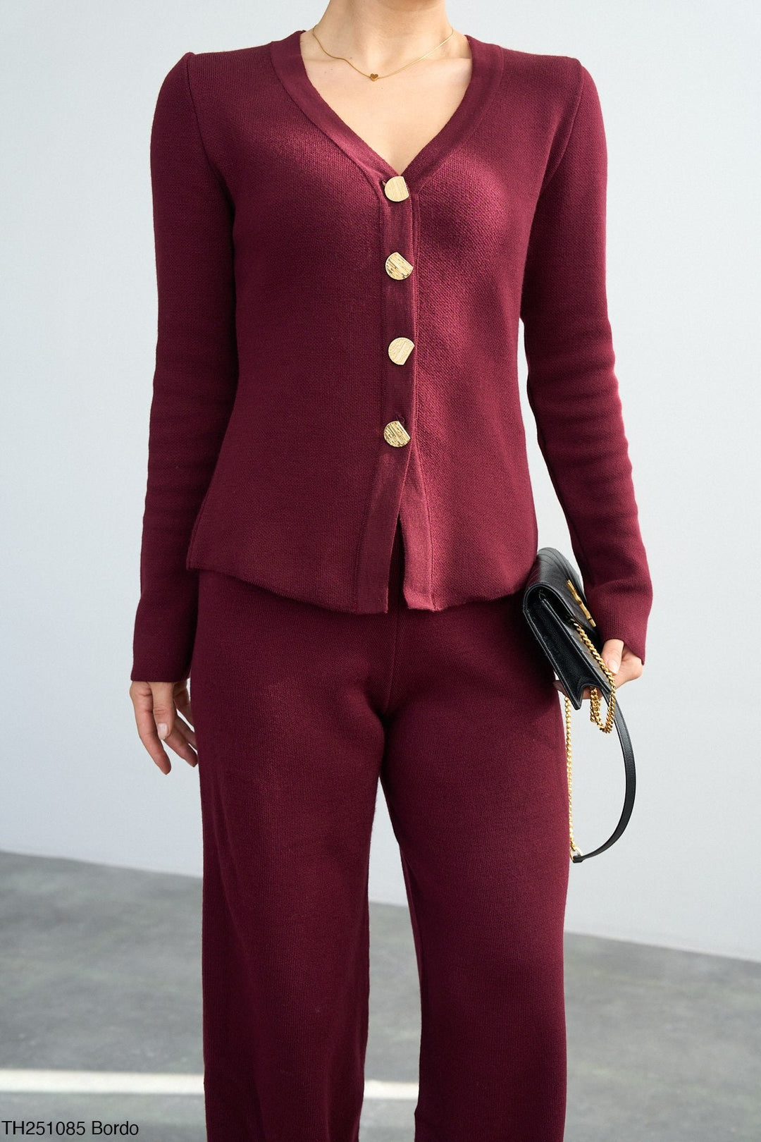 Gold Button Knit Cardigan - Burgundy - jqwholesale.com