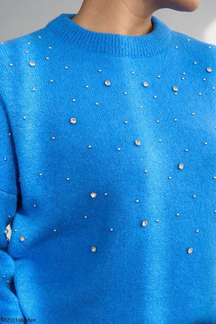 Embellished Soft Knit Jumper - Blue - jqwholesale.com