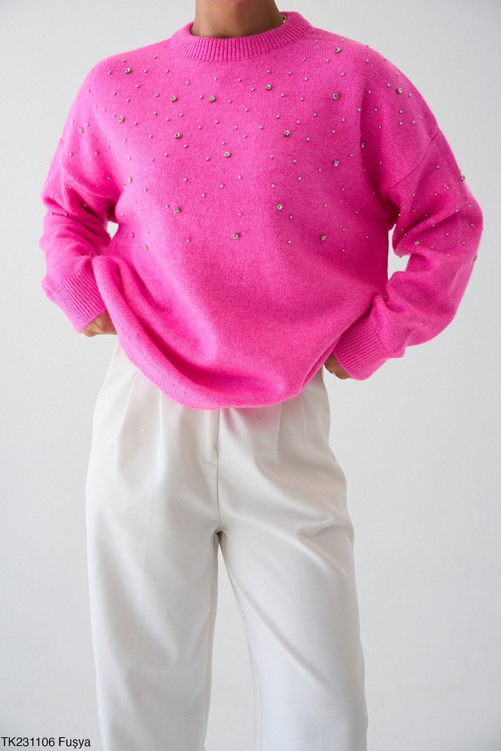 Embellished Soft Knit Jumper - Fuchsia