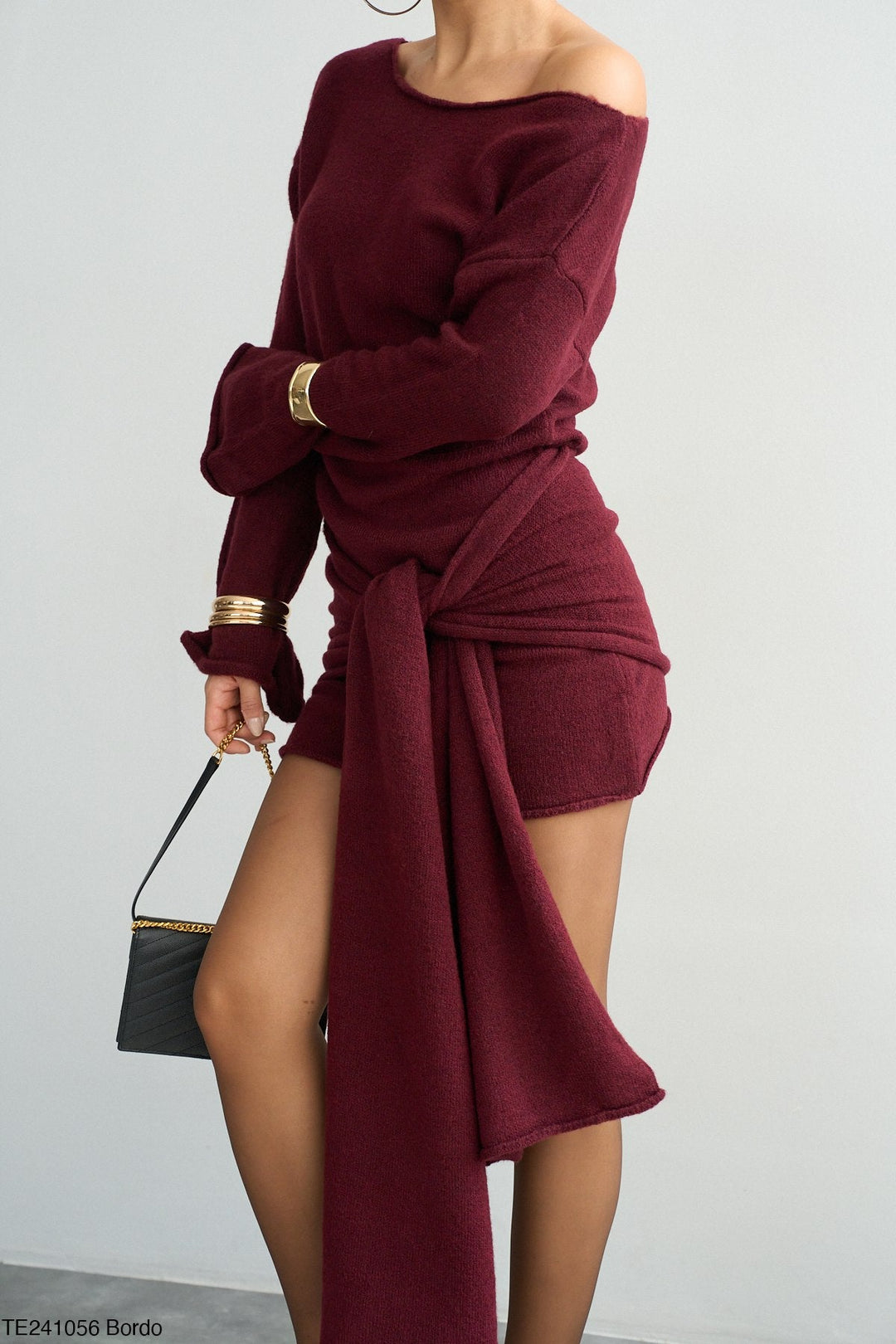 Asymmetric Tie-Waist Knit Mini Dress - Bordo - jqwholesale.com
