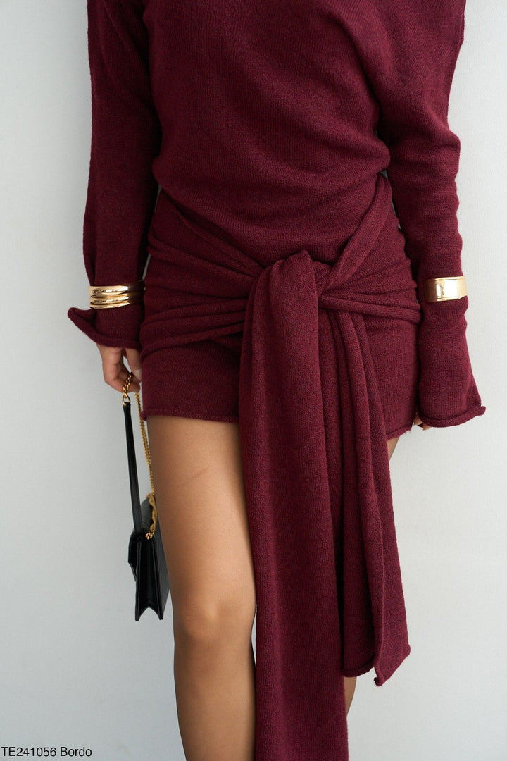 Asymmetric Tie-Waist Knit Mini Dress - Bordo - jqwholesale.com