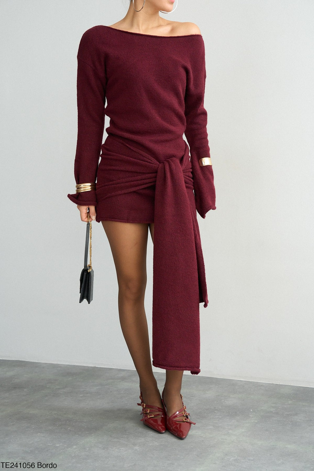 Asymmetric Tie-Waist Knit Mini Dress - Bordo - jqwholesale.com