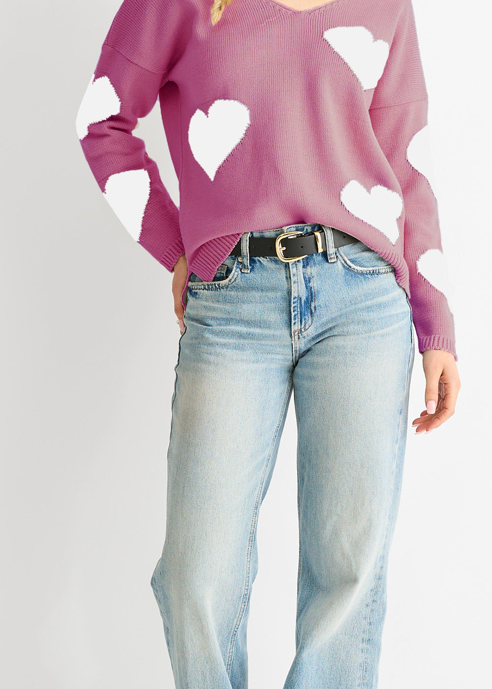 Dusty Pink V Neck Oversized Heart Knit Jumper - jqwholesale.com