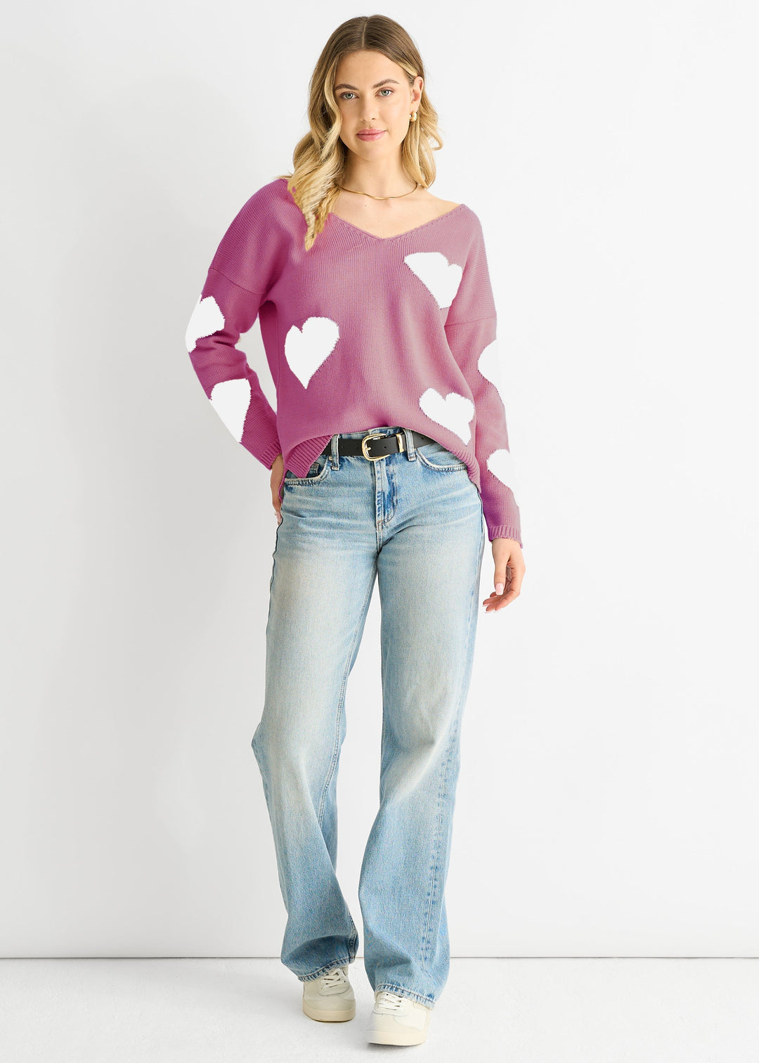 Dusty Pink V Neck Oversized Heart Knit Jumper - jqwholesale.com