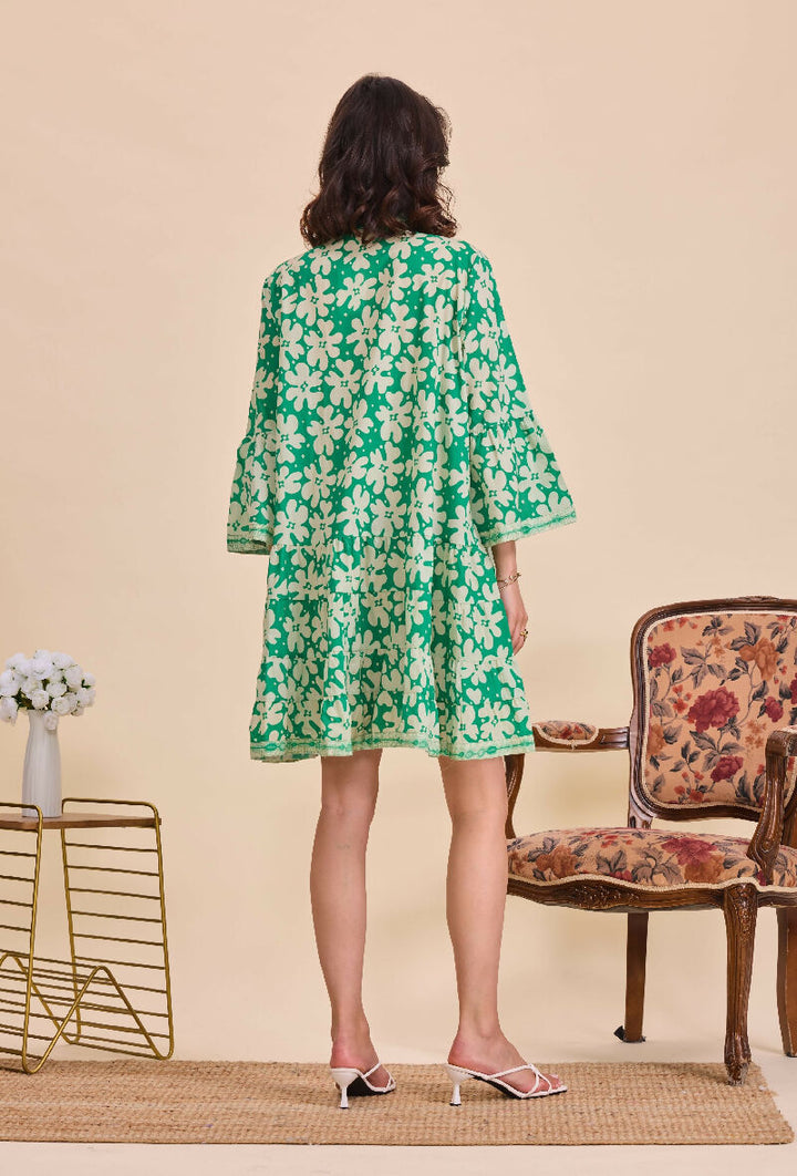Short A-line dress in printed cotton- Light green