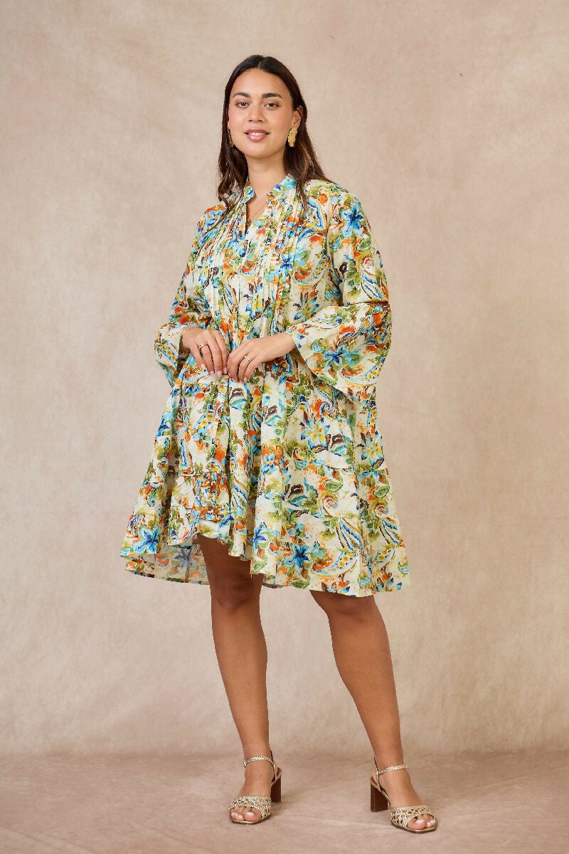 Short A-line dress in printed cotton- Green