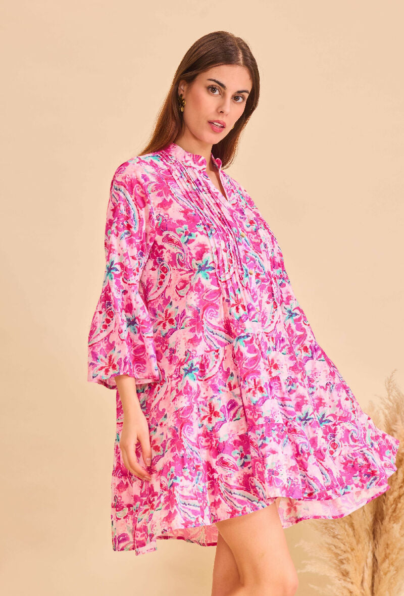 Short A-line dress in printed cotton- Pink
