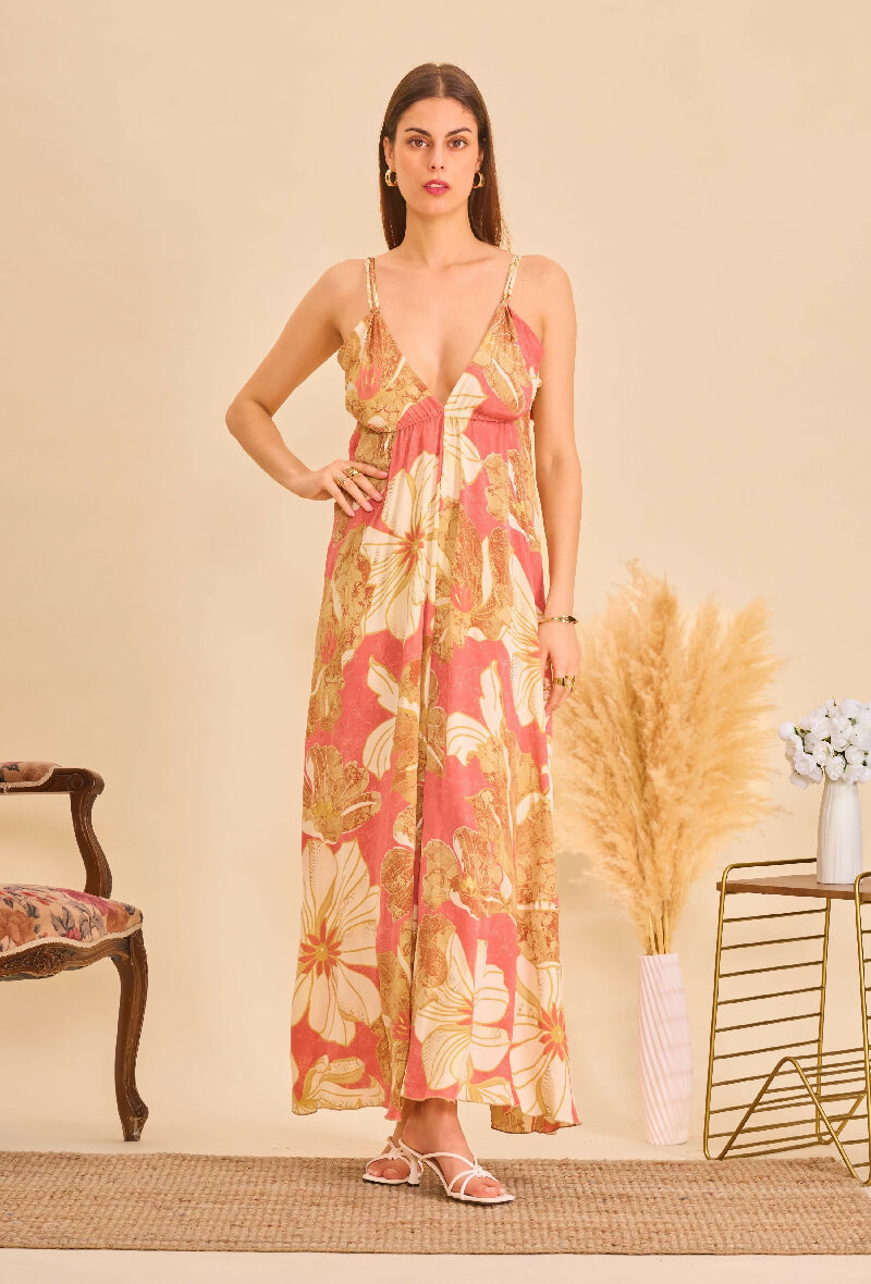 Long bohemian silk backless dress - Earth