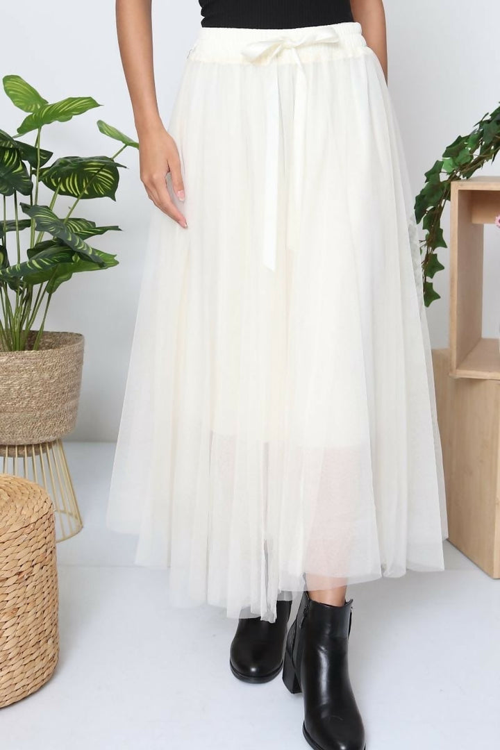 White tulle mid-length skirt - Beige